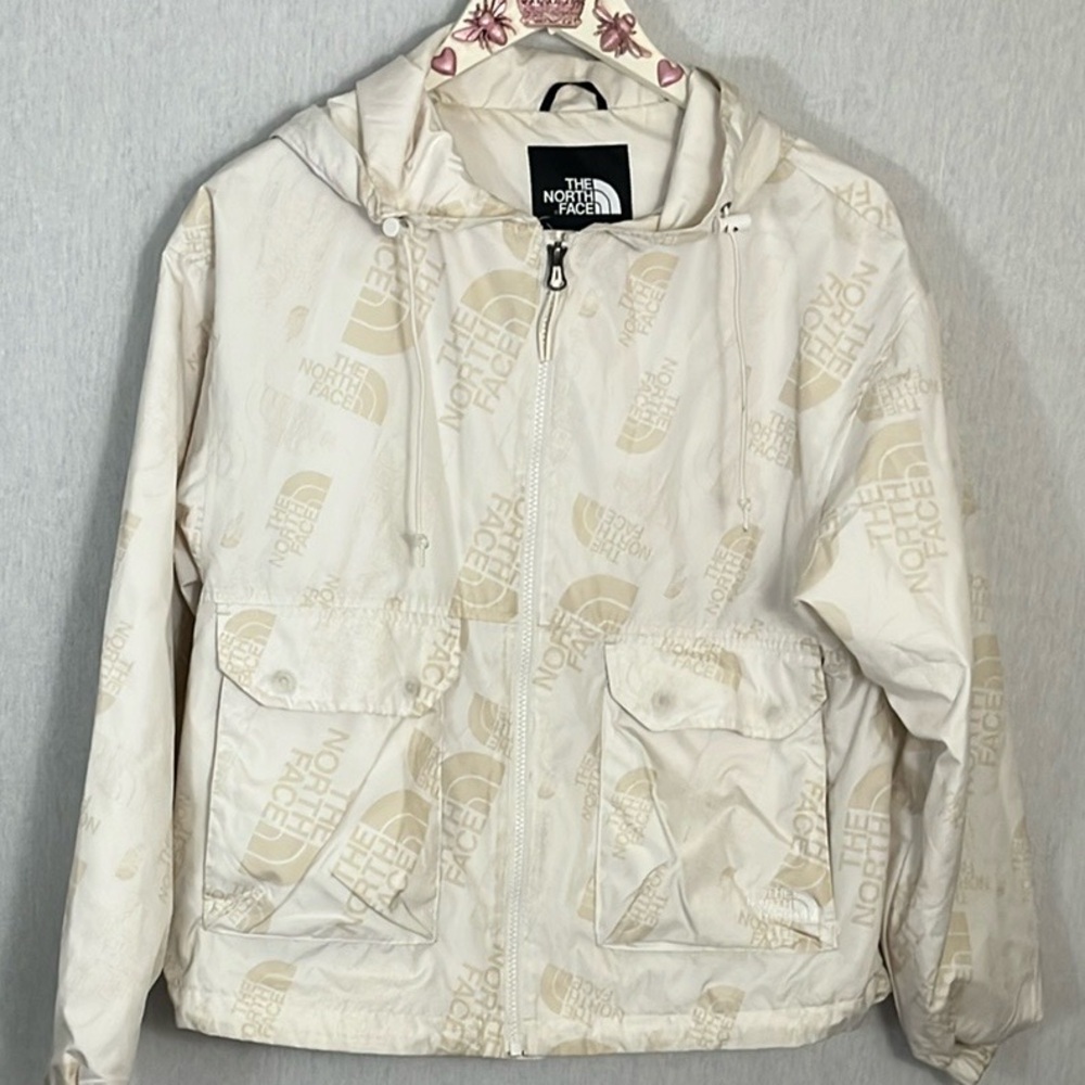 The North Face cream tan Antora Logo Windbreaker Zip up hooded jacket parka